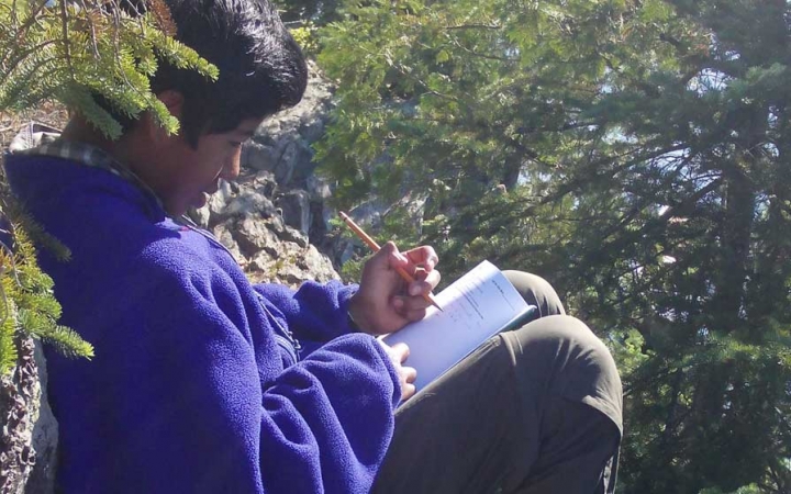 A person appears to journal while resting against a rock in a wooded area.